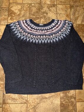 J. Jill Navy Crewneck Sweater with Multicolor Fair Isle Yoke
